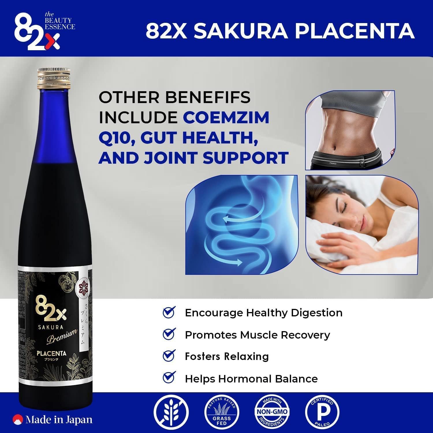 82X Liquid Placenta Drink – Premium Placenta 450,000mg Placenta – 15,000 Marine Collagen Peptides Supplement from Japan with 82 Fermented Plants, Patented for Skin Hair Nail
