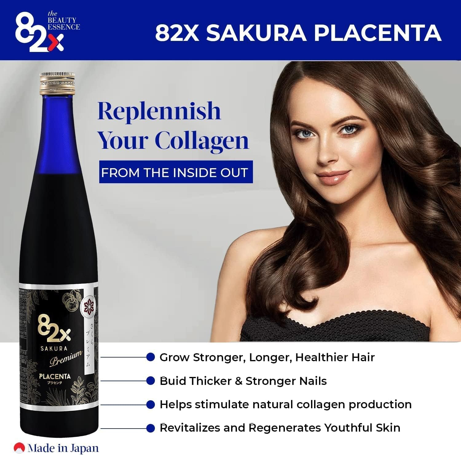 82X Liquid Placenta Drink – Premium Placenta 450,000mg Placenta – 15,000 Marine Collagen Peptides Supplement from Japan with 82 Fermented Plants, Patented for Skin Hair Nail