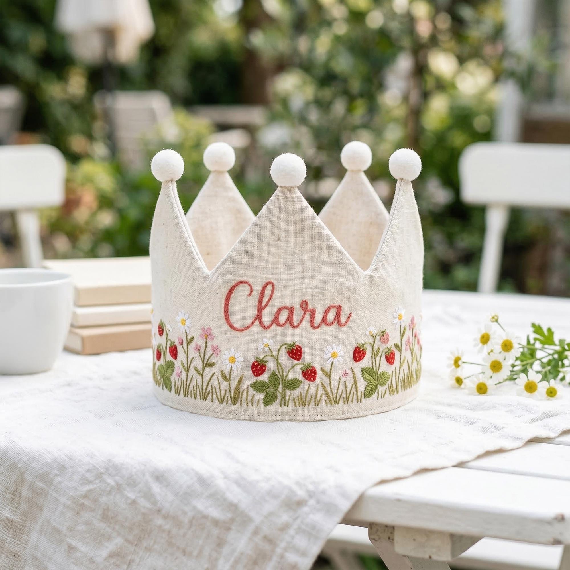 Hand Embroidered Personalized Baby Crown, Custom Name Crown, Wildflower Birthday Crown, Handmade Toddler Crown Hat, First Birthday Outfit