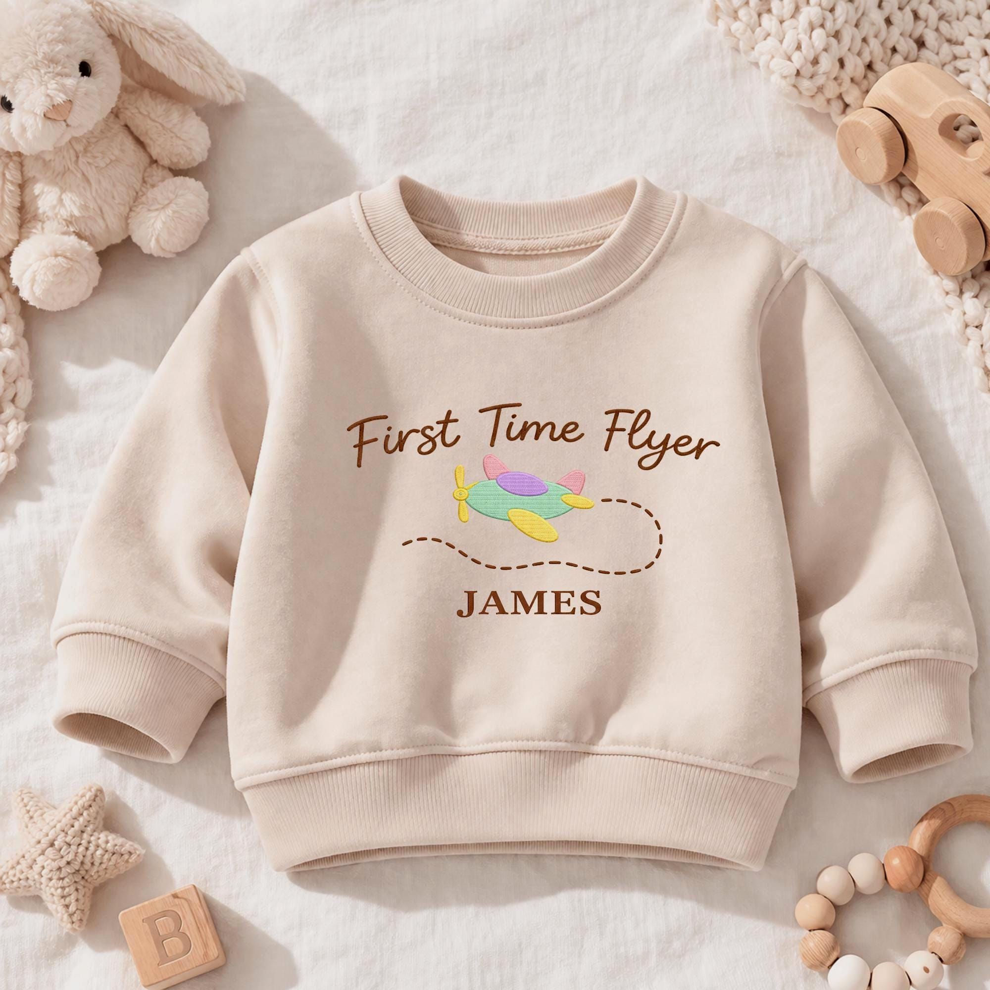 Embroidered Personalized Name First Time Flyer Sustainable Sweatshirts, Custom Name Travel Outfit, Baby First Flight Sweatshirts