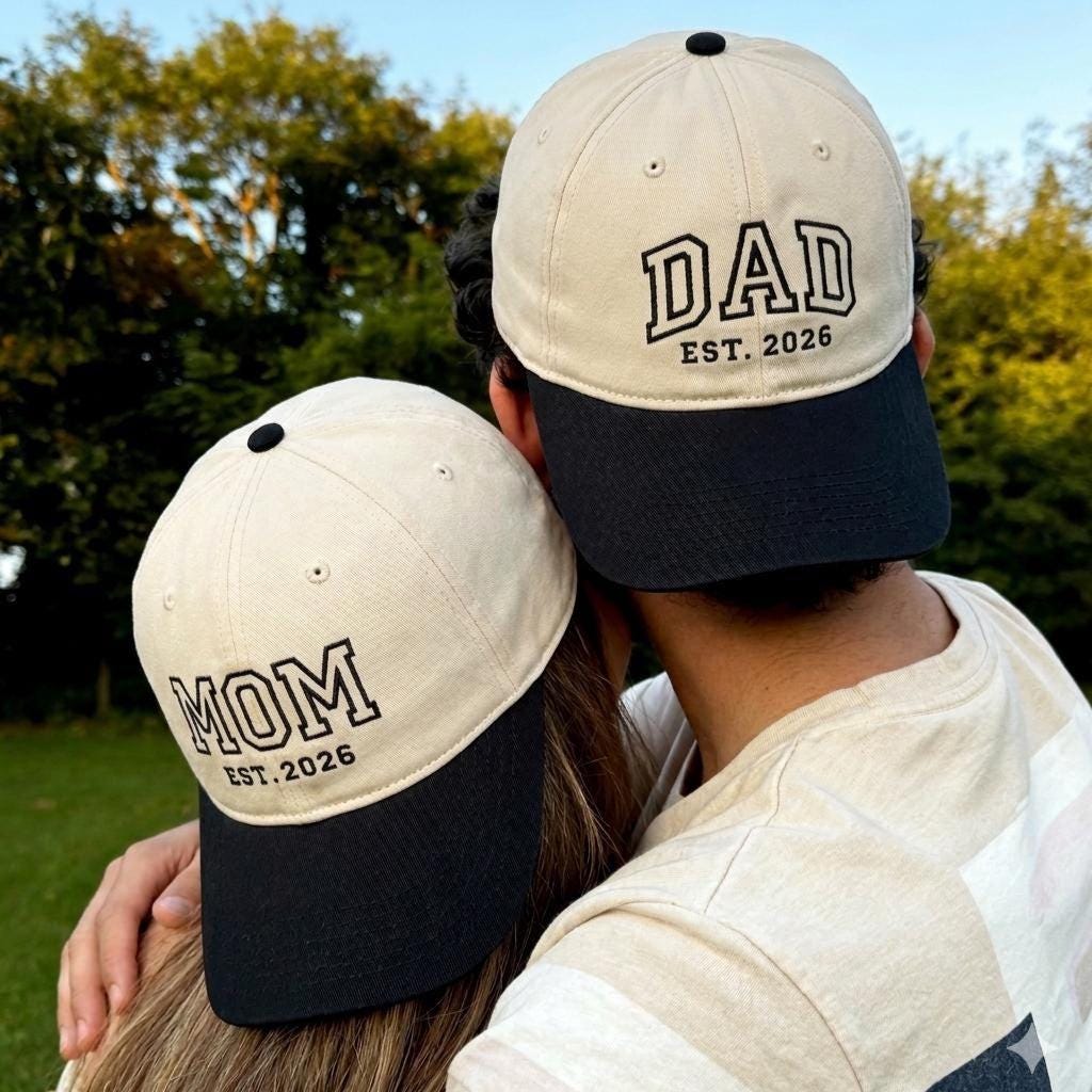 Custom Embroidered Hat, Custom Embroidered MOM DAD Baby Announcement Hats, Matching Family Hat Set, Dad and Mom Hats