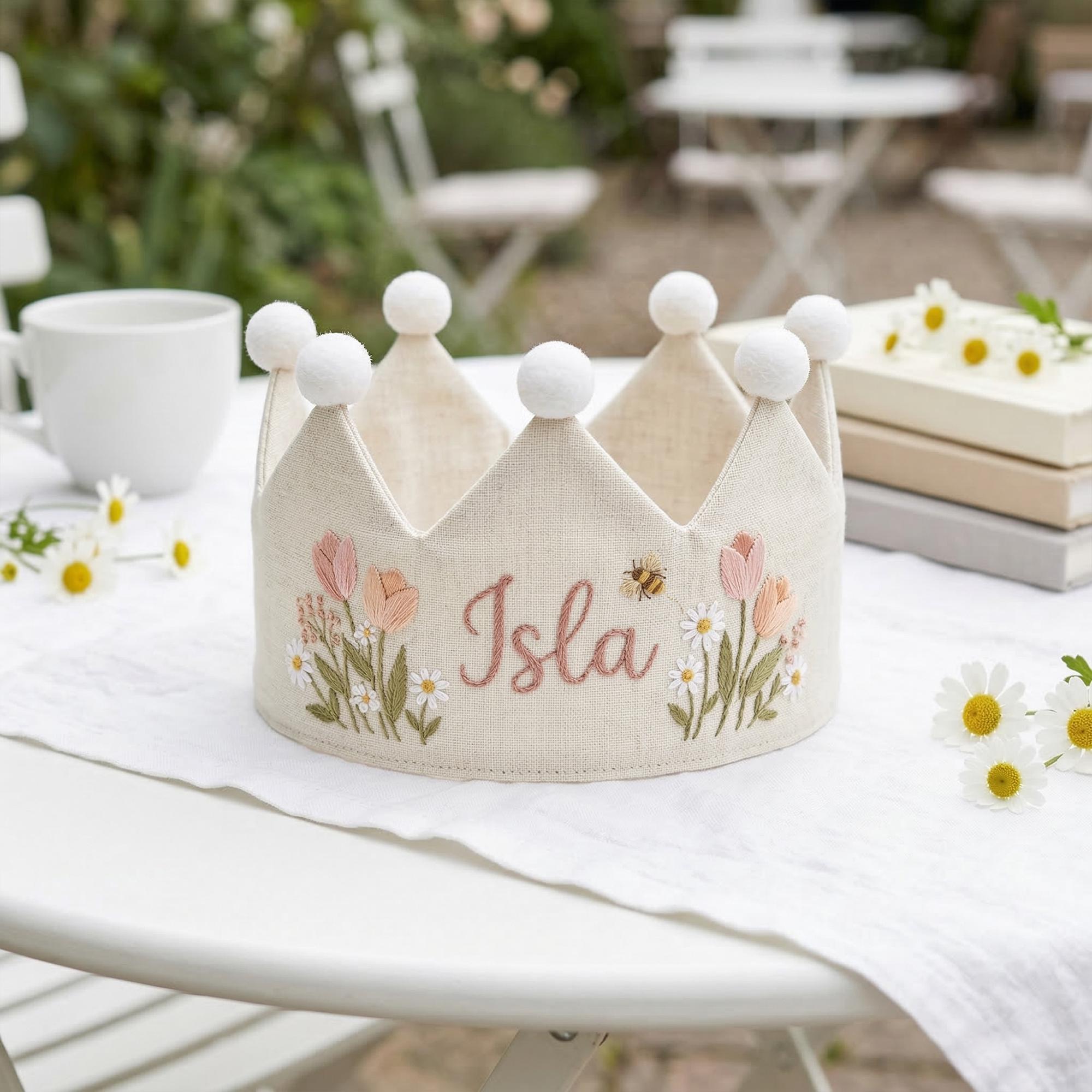 Hand Embroidered Personalized Baby Crown, Custom Name Crown, Floral Birthday Crown, Handmade Toddler Crown Hat, First Birthday Outfit