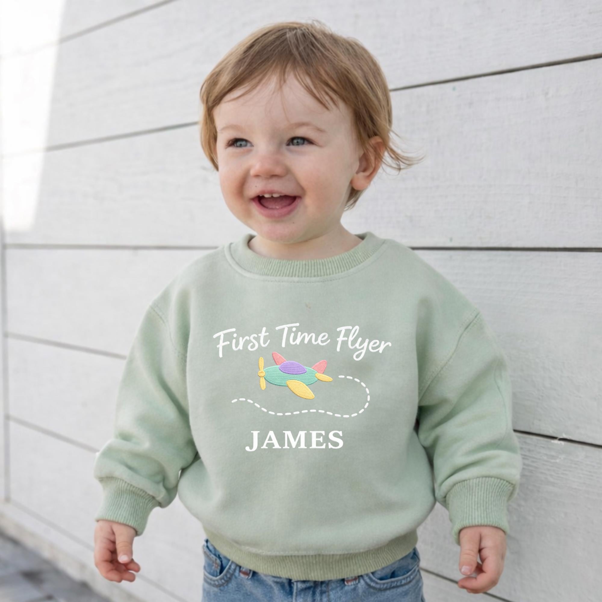Embroidered Personalized Name First Time Flyer Sustainable Sweatshirts, Custom Name Travel Outfit, Baby First Flight Sweatshirts