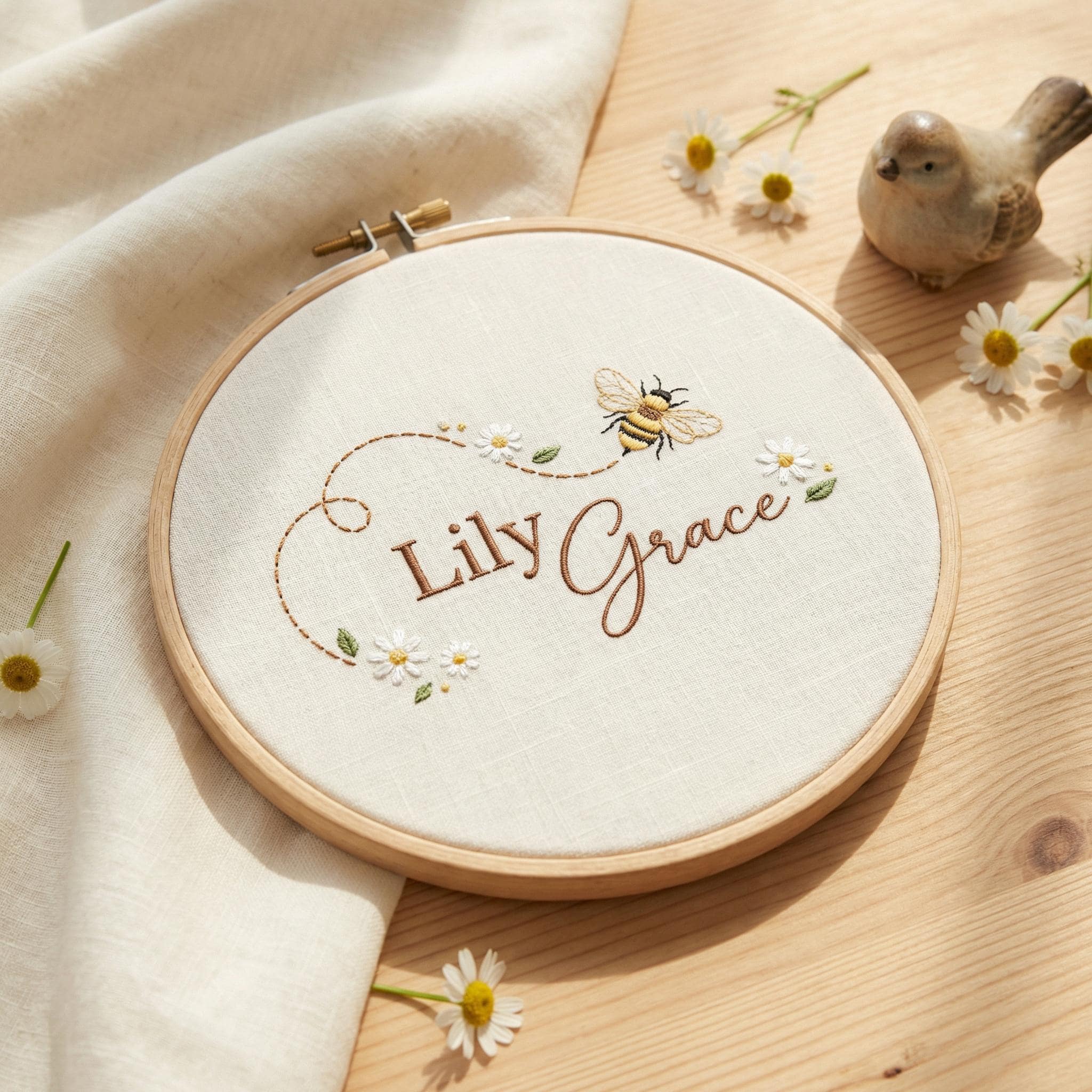 Personalized Embroidered Name Hoop, Bee & Daisy Nursery Decor, Custom Baby Name Sign, Handmade Embroidery Wall Art, Baby Shower Gift