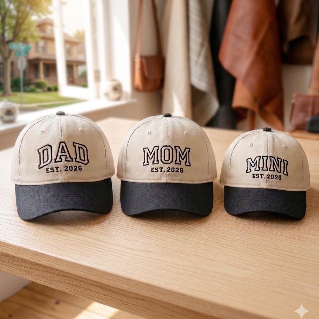 Custom Embroidered Hat, Custom Embroidered MOM DAD Baby Announcement Hats, Matching Family Hat Set, Dad and Mom Hats