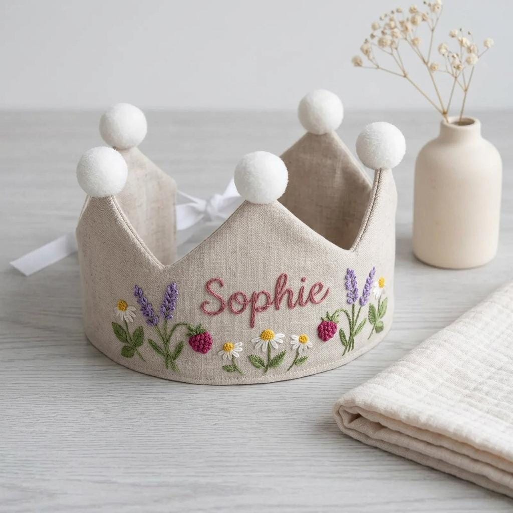 Personalized Name Embroidered Crown, Custom Baby Birthday Hat, Strawberry Flower Baby Birthday Crown