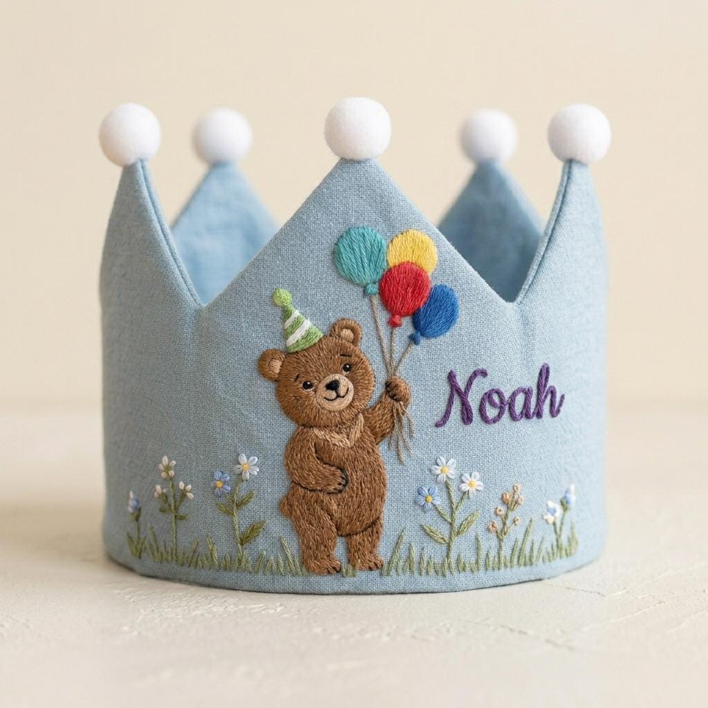 Personalized Embroidered Baby Crown, Custom Birthday Hat, Bear Lover Boy Gifts