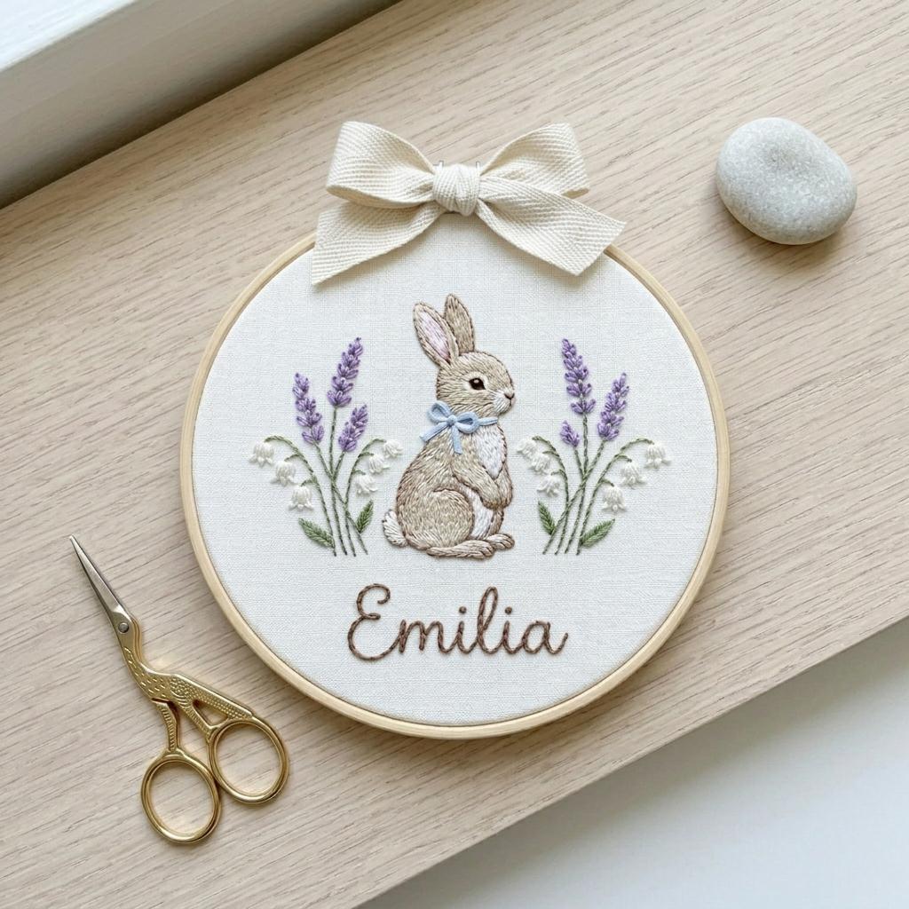 Personalized Bunny Embroidery Hoop, Custom Name Nursery Decor, Floral Art