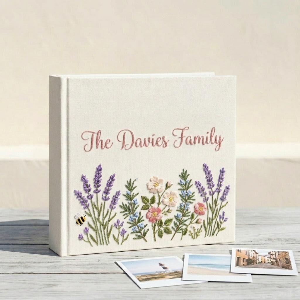 Personalized Embroidered Photo Album, Custom Family Name Linen Photo Book, Floral Wedding Album, Memory Keepsake Scrapbook Gift
