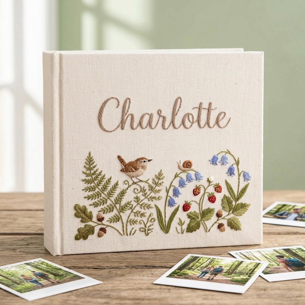 Personalized Name Photo Album, Custom Embroidered Linen Album, Woodland Baby Memory Book, Floral Keepsake Scrapbook, Unique Gift for Her
