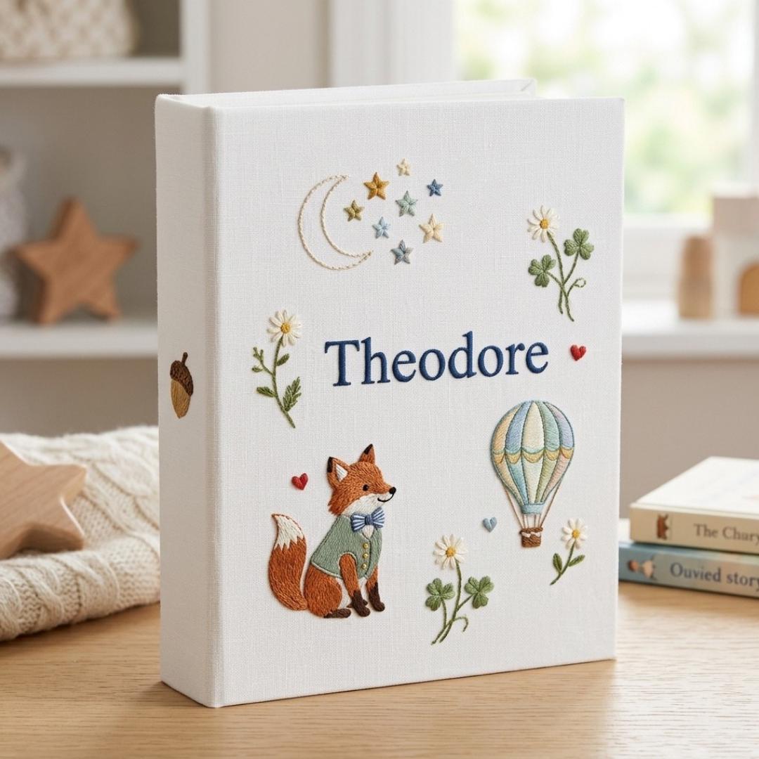 Personalized Embroidered Baby Photo Album, Custom Name Fox Linen Album, Woodland Keepsake Gift for Baby Boy