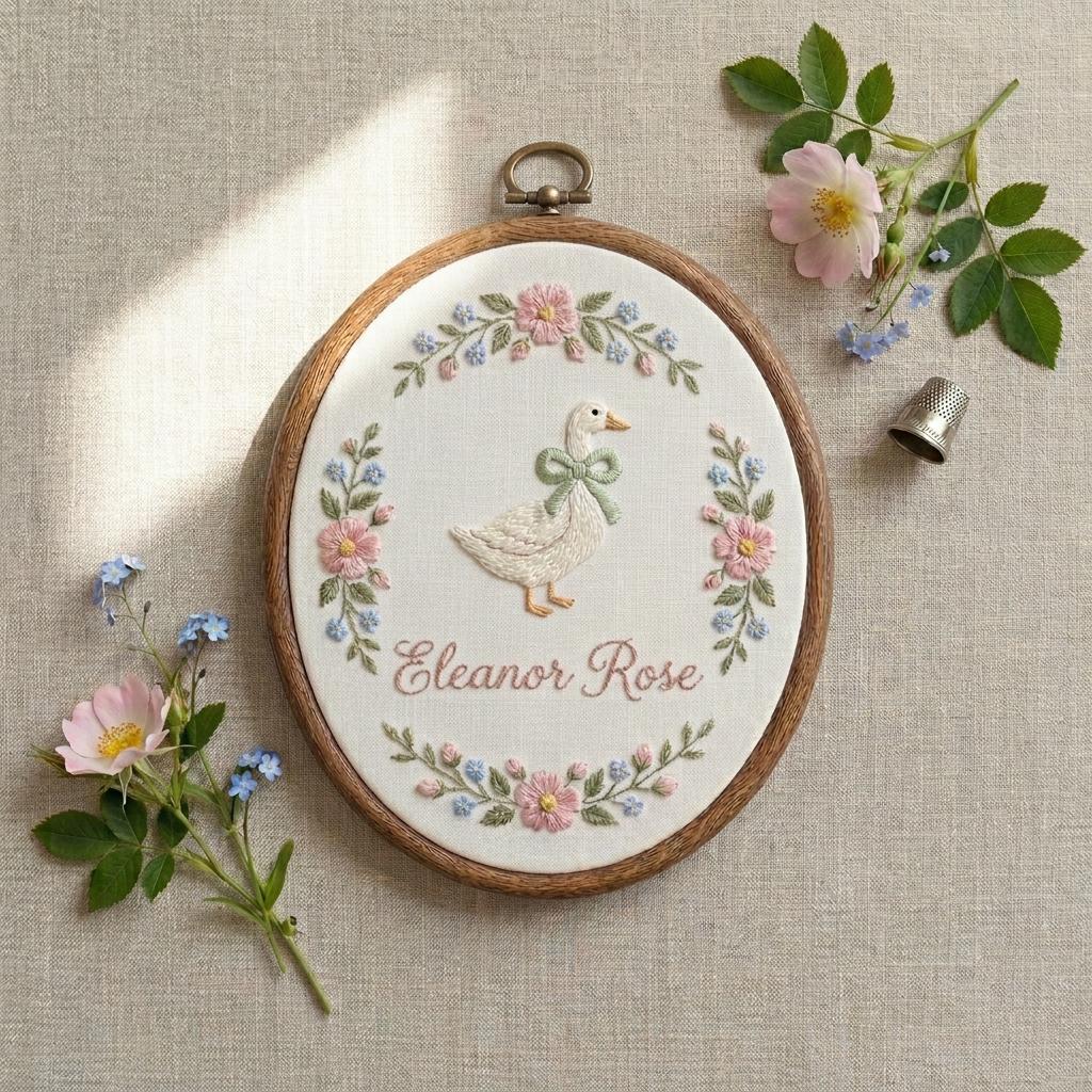 Embroidered Goose Name Hoop, Nursery Wall Decor, Baby Shower Keepsake