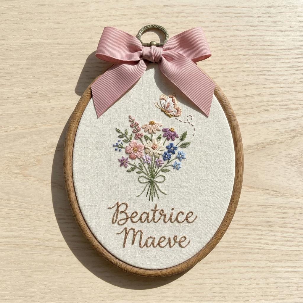 Personalized Floral Name Embroidery Hoop, Custom Baby Nursery Decor, Minimalist Flowers Lover Art