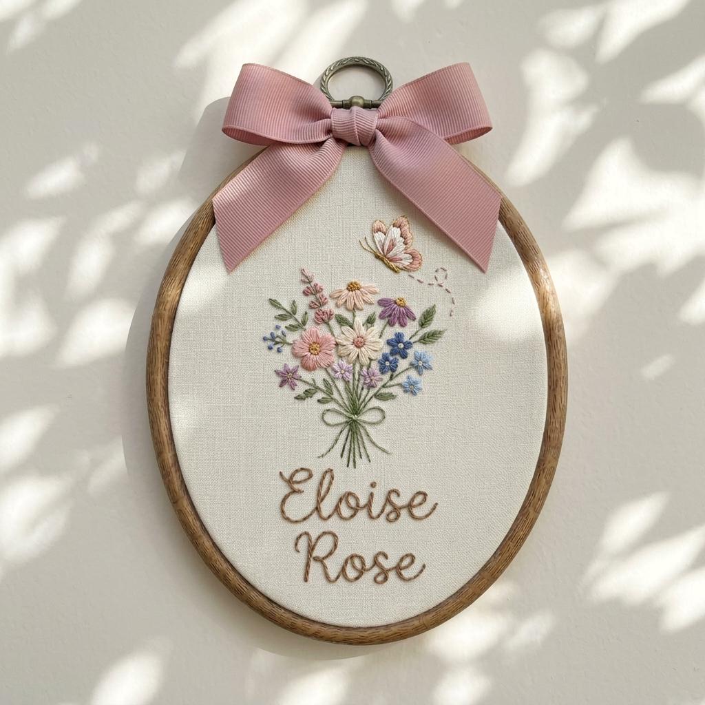 Personalized Floral Name Embroidery Hoop, Custom Baby Nursery Decor, Minimalist Flowers Lover Art