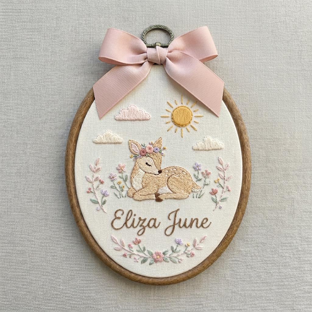 Personalized Deer Embroidery Hoop, Custom Name Nursery Art, Woodland Baby Keepsake