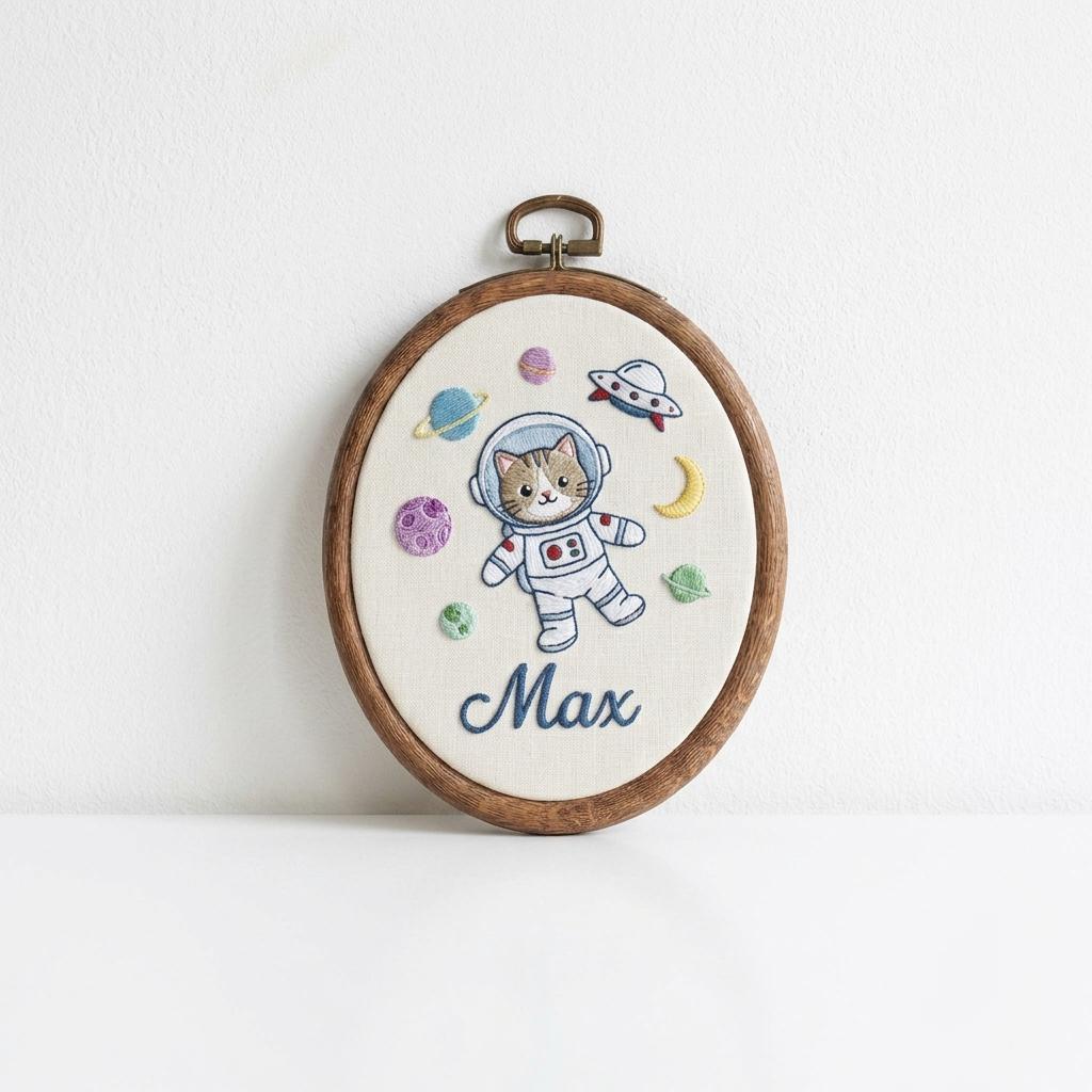 Personalized Astronaut Cat Embroidery Hoop, Custom Name Nursery Decor, Baby Shower Gift