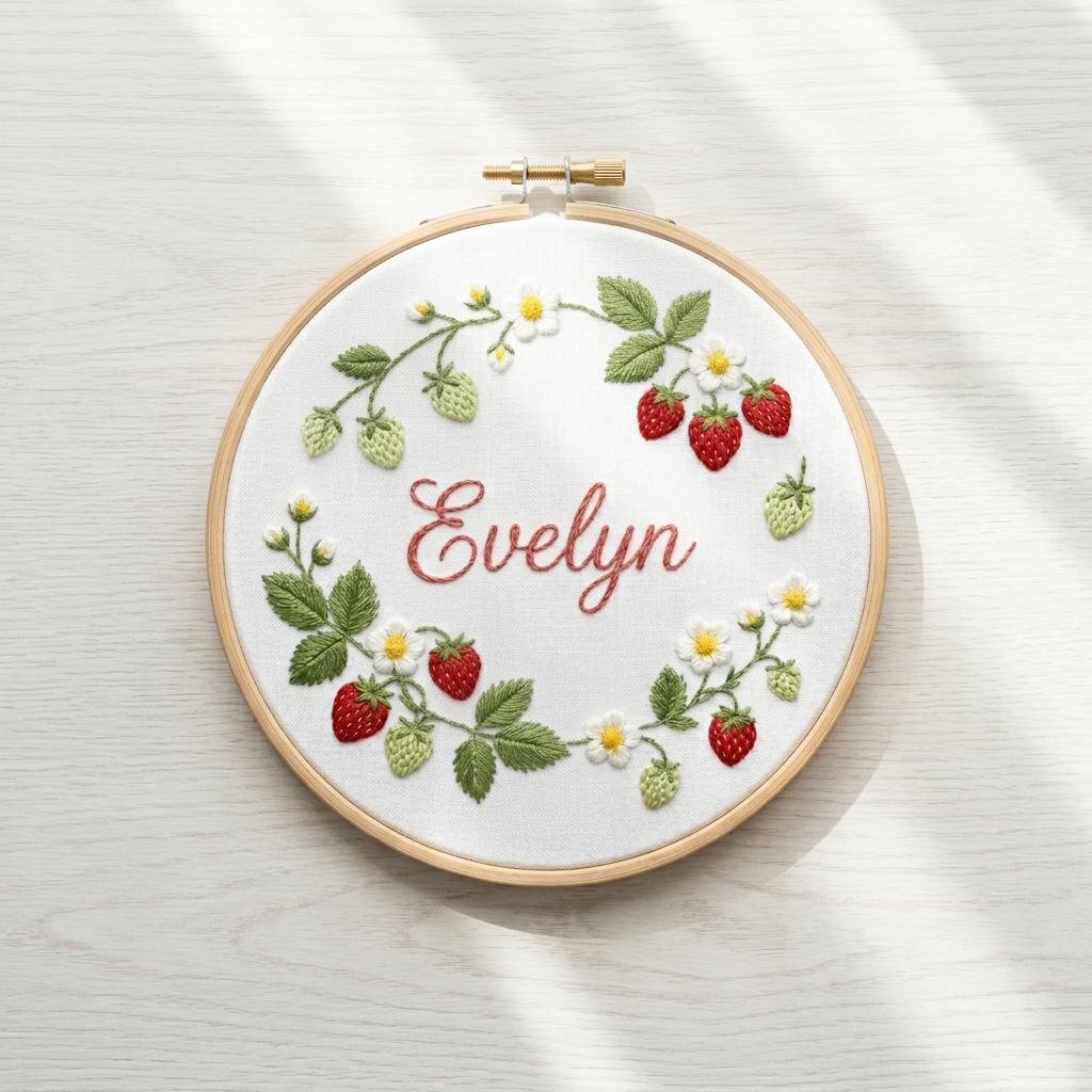 Personalized Baby Name Embroidery Hoop, Strawberry Floral Nursery Decor, Custom Baby Shower Gift, Birthday Gift, Grandma Gift