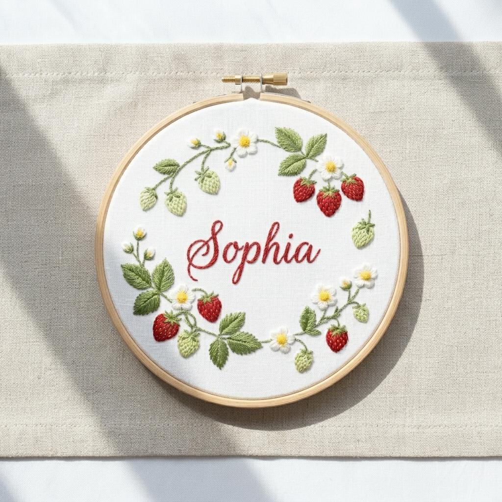 Personalized Baby Name Embroidery Hoop, Strawberry Floral Nursery Decor, Custom Baby Shower Gift, Birthday Gift, Grandma Gift