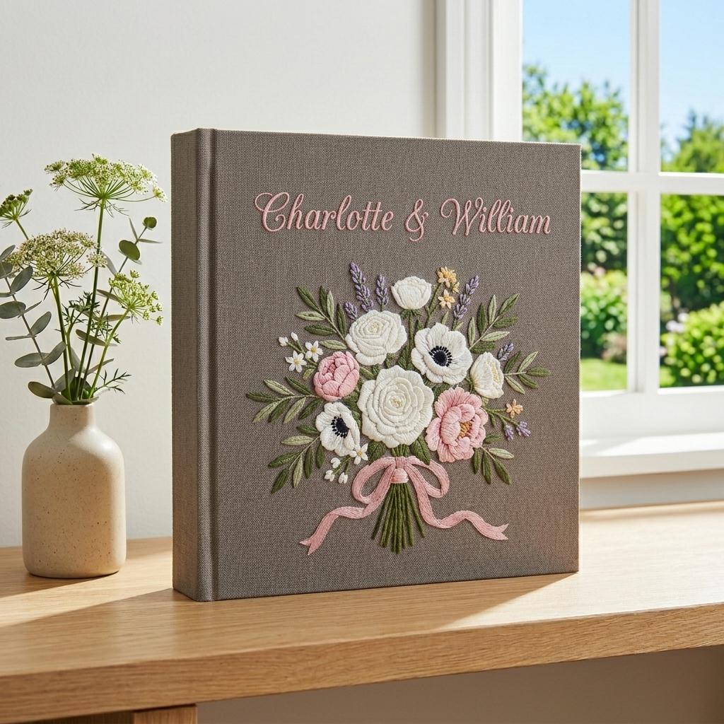 Personalized Embroidered Wedding Photo Album, Custom Floral Memory Book, Handmade Bridal Shower Gift, Newlywed Keepsake