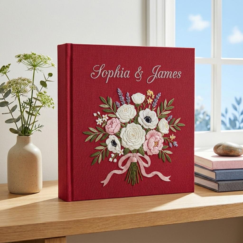 Personalized Embroidered Wedding Photo Album, Custom Floral Memory Book, Handmade Bridal Shower Gift, Newlywed Keepsake
