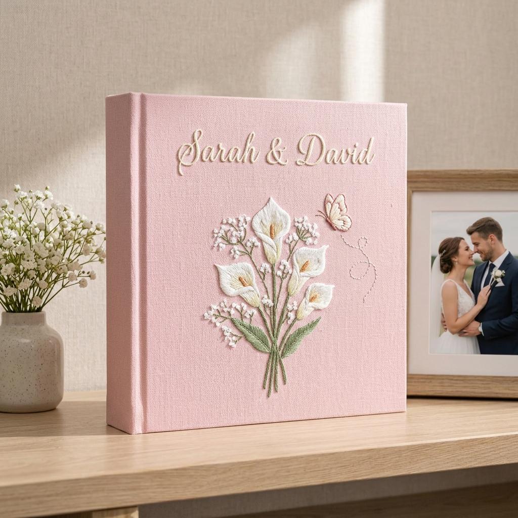 Personalized Embroidered Wedding Photo Album, Custom Bridal Shower Gift, Newlywed Memory Book, Floral Keepsake Album