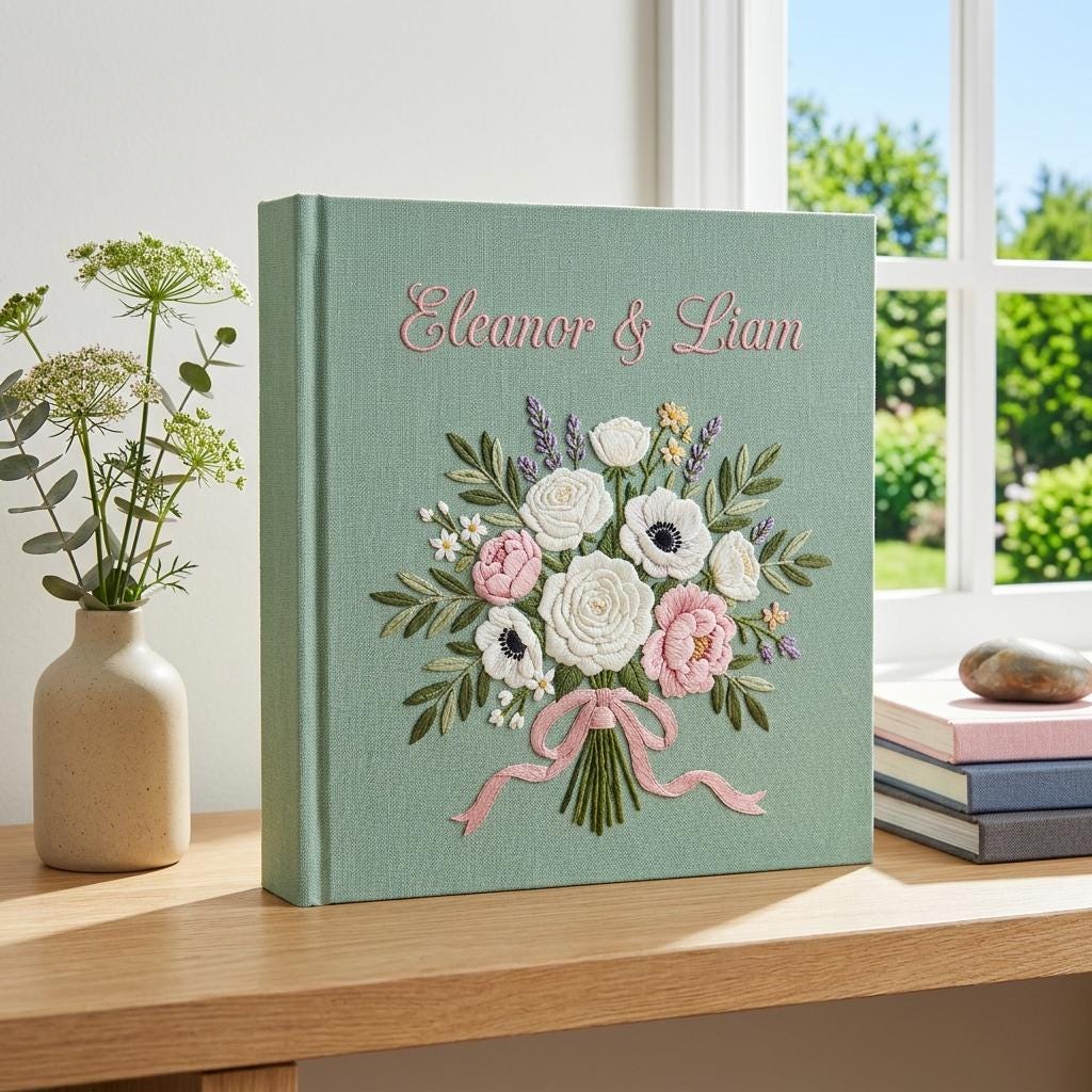 Personalized Embroidered Wedding Photo Album, Custom Floral Memory Book, Handmade Bridal Shower Gift, Newlywed Keepsake