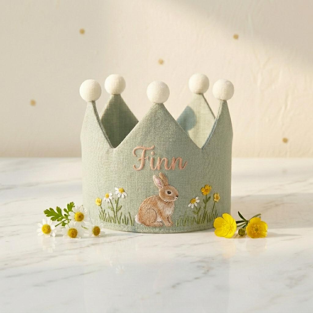 Personalized Hand Embroidered Baby Crown, Neutral Floral Bunny Design, Custom Name Toddler Hat