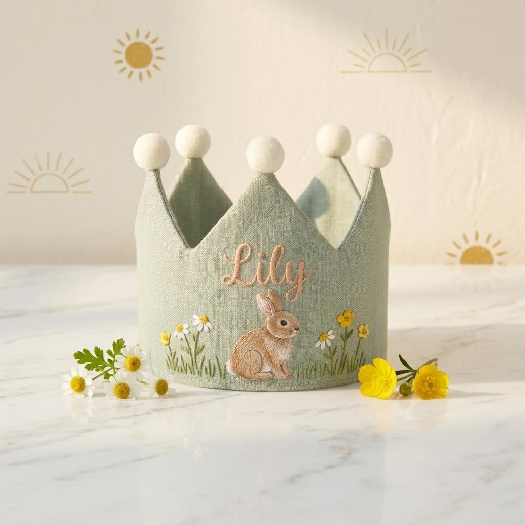 Personalized Hand Embroidered Baby Crown, Neutral Floral Bunny Design, Custom Name Toddler Hat