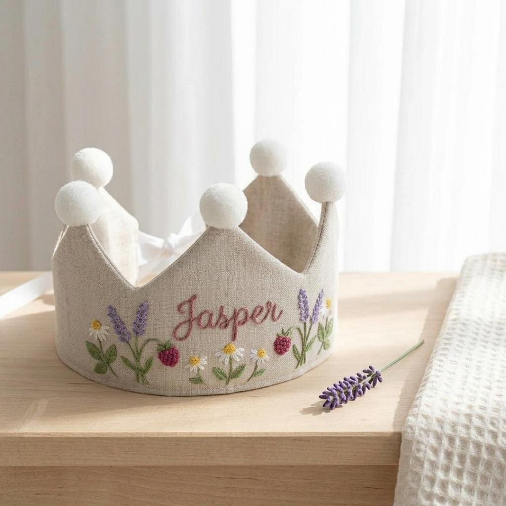 Personalized Name Embroidered Crown, Custom Baby Birthday Hat, Strawberry Flower Baby Birthday Crown