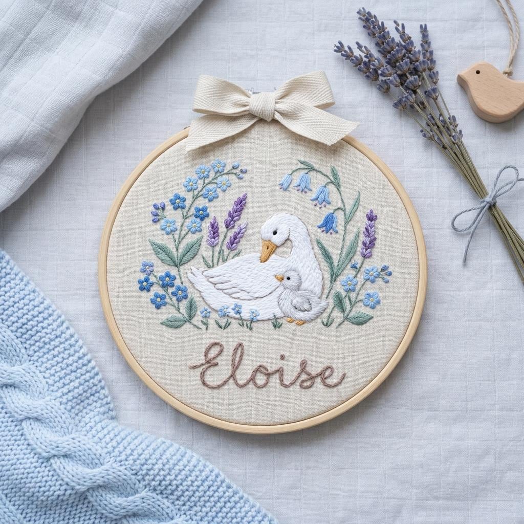 Personalized Baby Name Embroidery Hoop, Duck Nursery Wall Art, Handmade Embroidered Hoop, Baby Shower Gift, Animal Nursery Decor