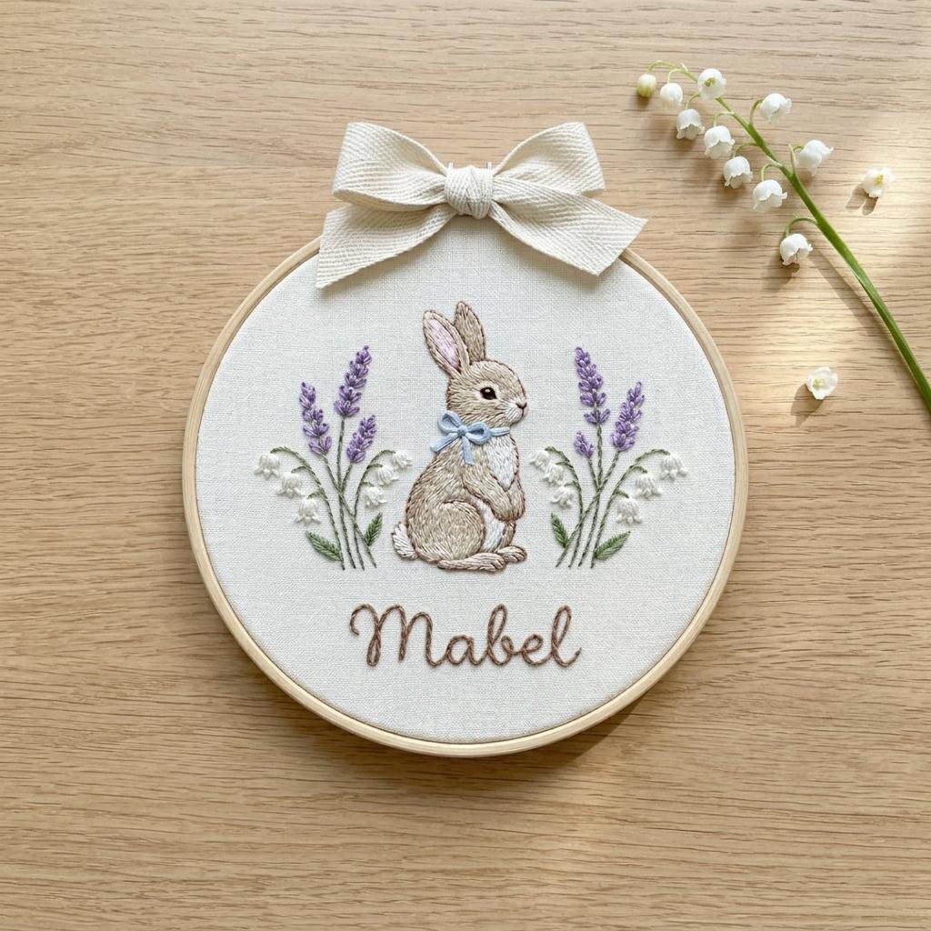 Personalized Bunny Embroidery Hoop, Custom Name Nursery Decor, Floral Art