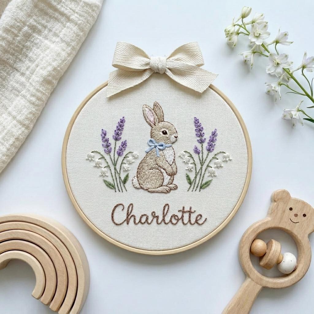 Personalized Bunny Embroidery Hoop, Custom Name Nursery Decor, Floral Art