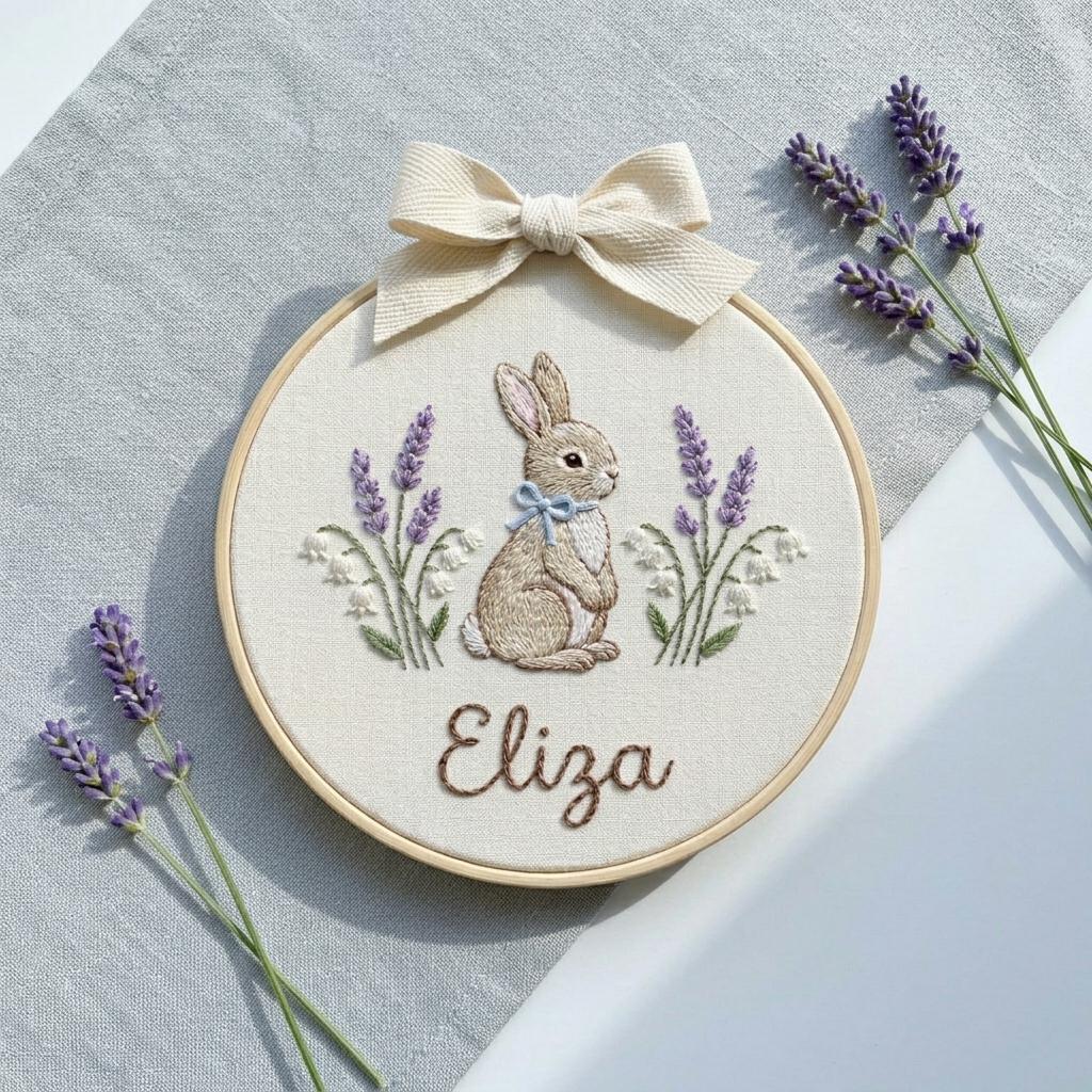 Personalized Bunny Embroidery Hoop, Custom Name Nursery Decor, Floral Art