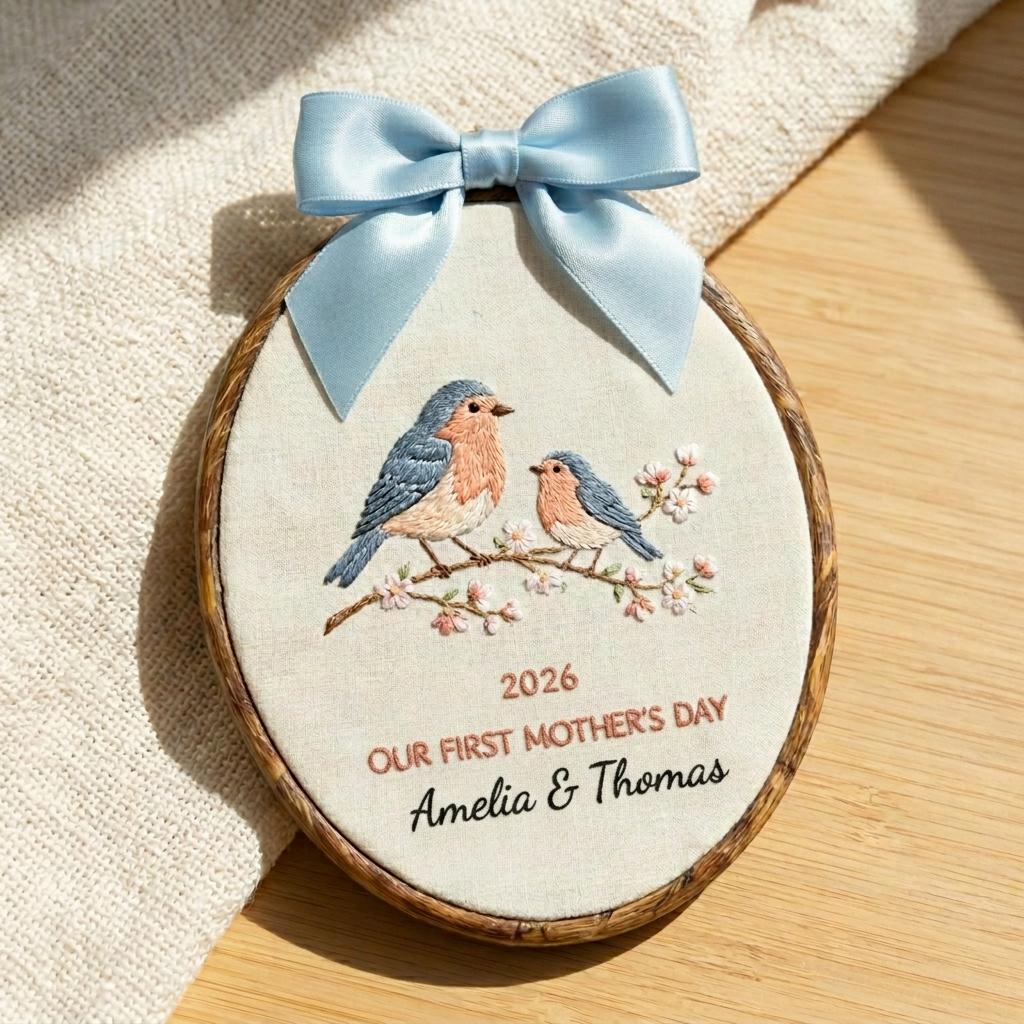 Personalized First Mother's Day Embroidery Hoop, Custom Bird Family Keepsake, New Mom Gift