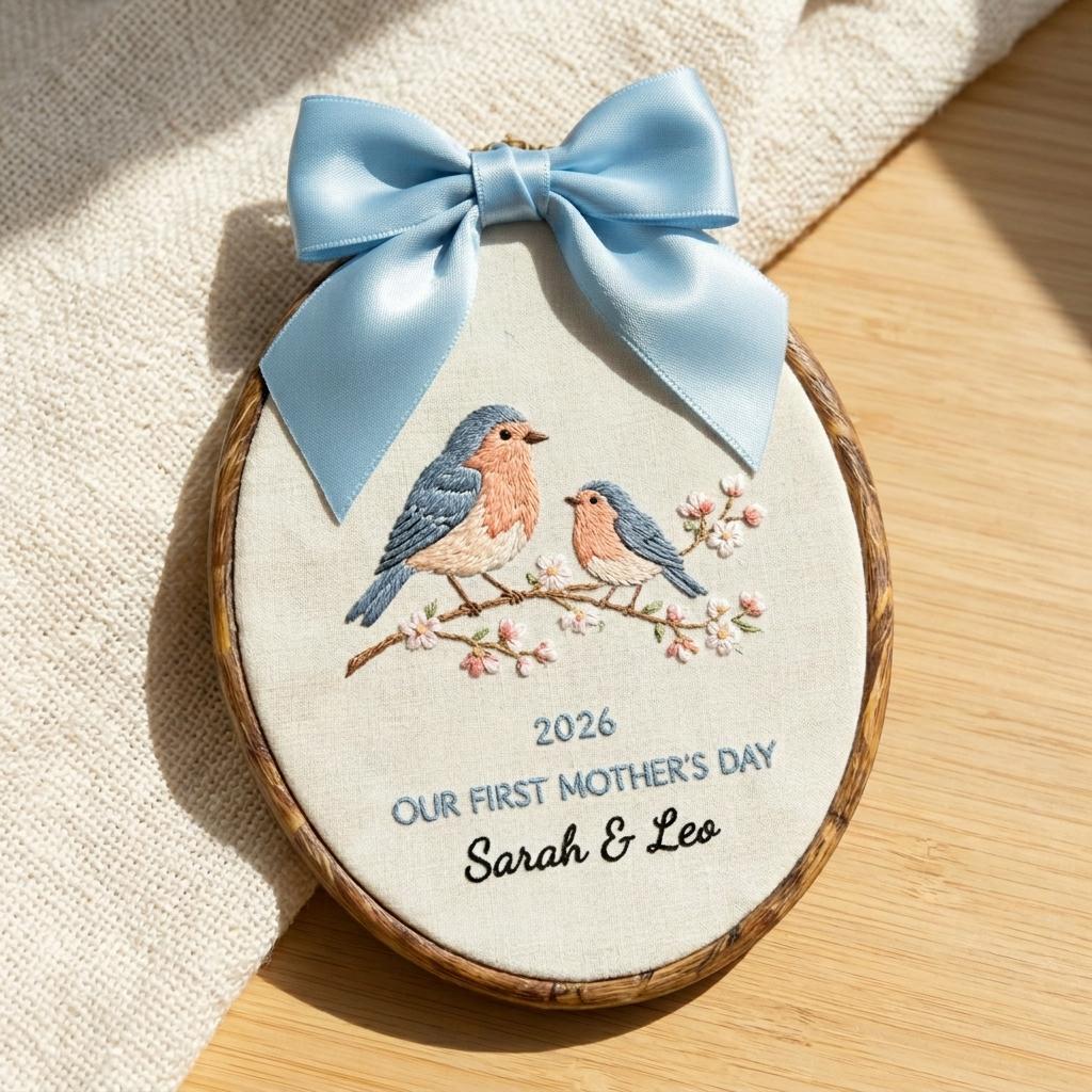 Personalized First Mother's Day Embroidery Hoop, Custom Bird Family Keepsake, New Mom Gift