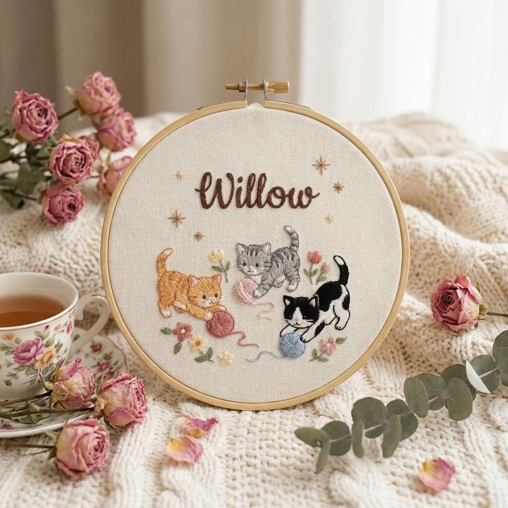 Personalized Kitten Embroidery Hoop, Cat Lover Nursery Decor, Baby Shower Gift, Name Wall Art