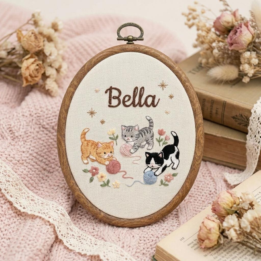 Personalized Kitten Embroidery Hoop, Cat Lover Nursery Decor, Baby Shower Gift, Name Wall Art