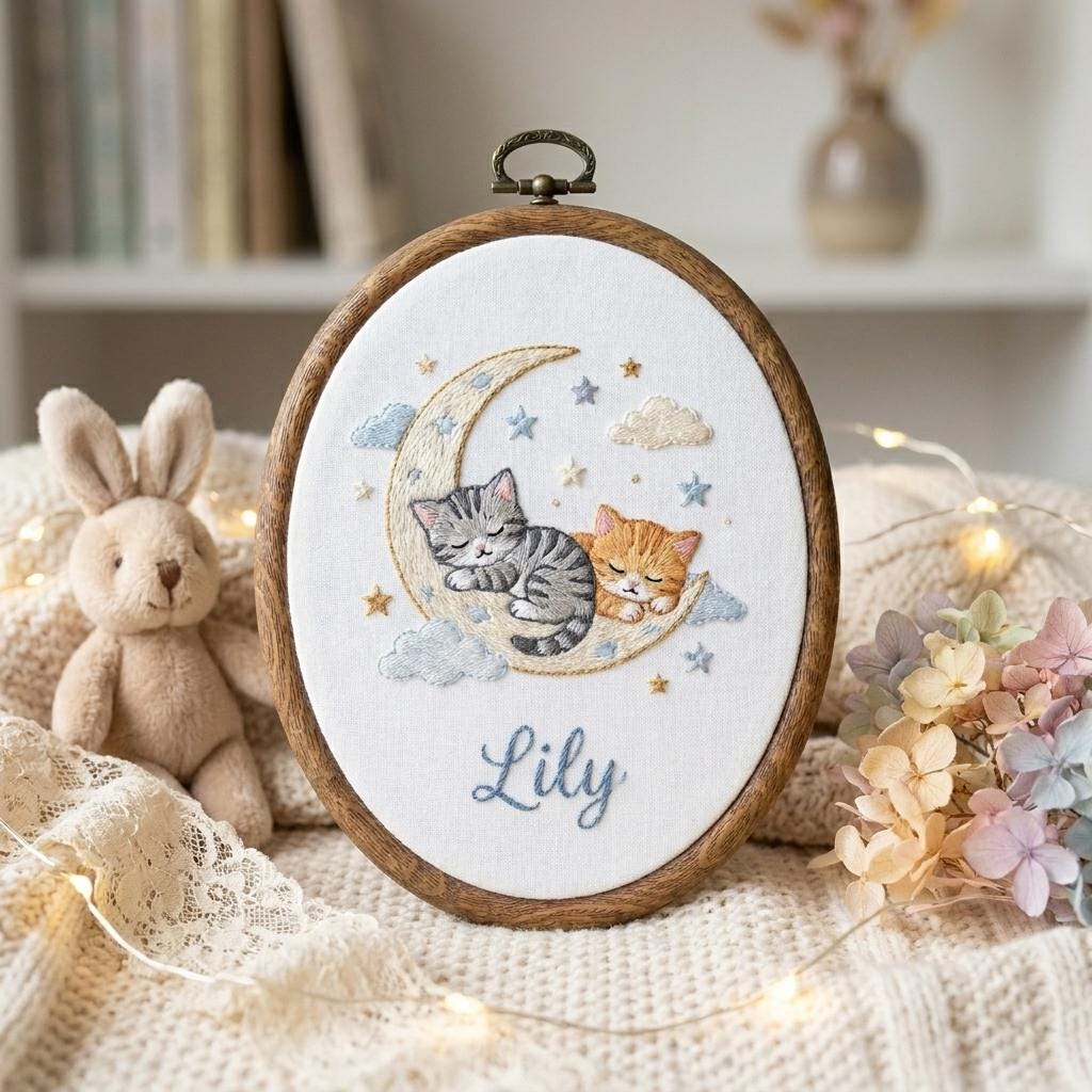 Personalized Cat Embroidery Hoop, Kitten Nursery Decor, Baby Shower Gift, Custom Cat Lover Wall Art