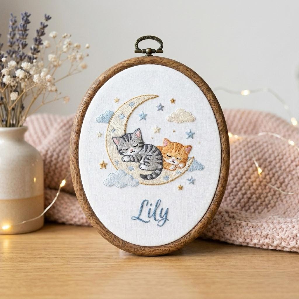 Personalized Cat Embroidery Hoop, Kitten Nursery Decor, Baby Shower Gift, Custom Cat Lover Wall Art