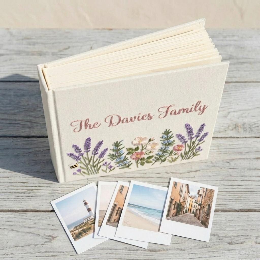 Personalized Embroidered Photo Album, Custom Family Name Linen Photo Book, Floral Wedding Album, Memory Keepsake Scrapbook Gift