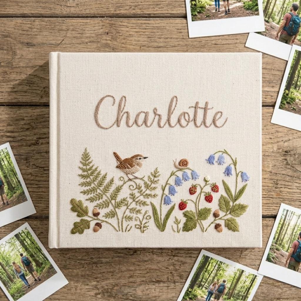 Personalized Name Photo Album, Custom Embroidered Linen Album, Woodland Baby Memory Book, Floral Keepsake Scrapbook, Unique Gift for Her