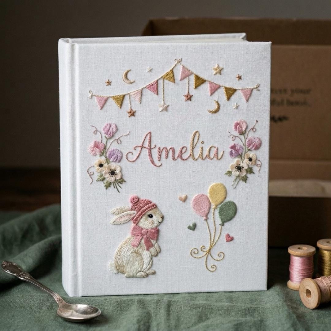 Personalized Embroidered Photo Album, Custom Name Baby Memory Book, Bunny Embroidery Linen Album, Handmade Keepsake Gift for Newborn Girl