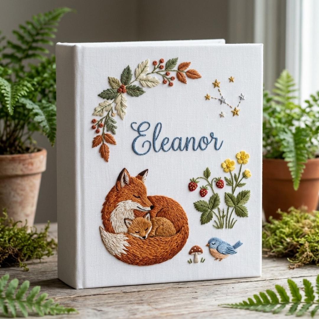 Personalized Embroidered Photo Album with Fox Design, Custom Name Linen Memory Book, Woodland Baby Keepsake Album, Handmade Gift for Newborn