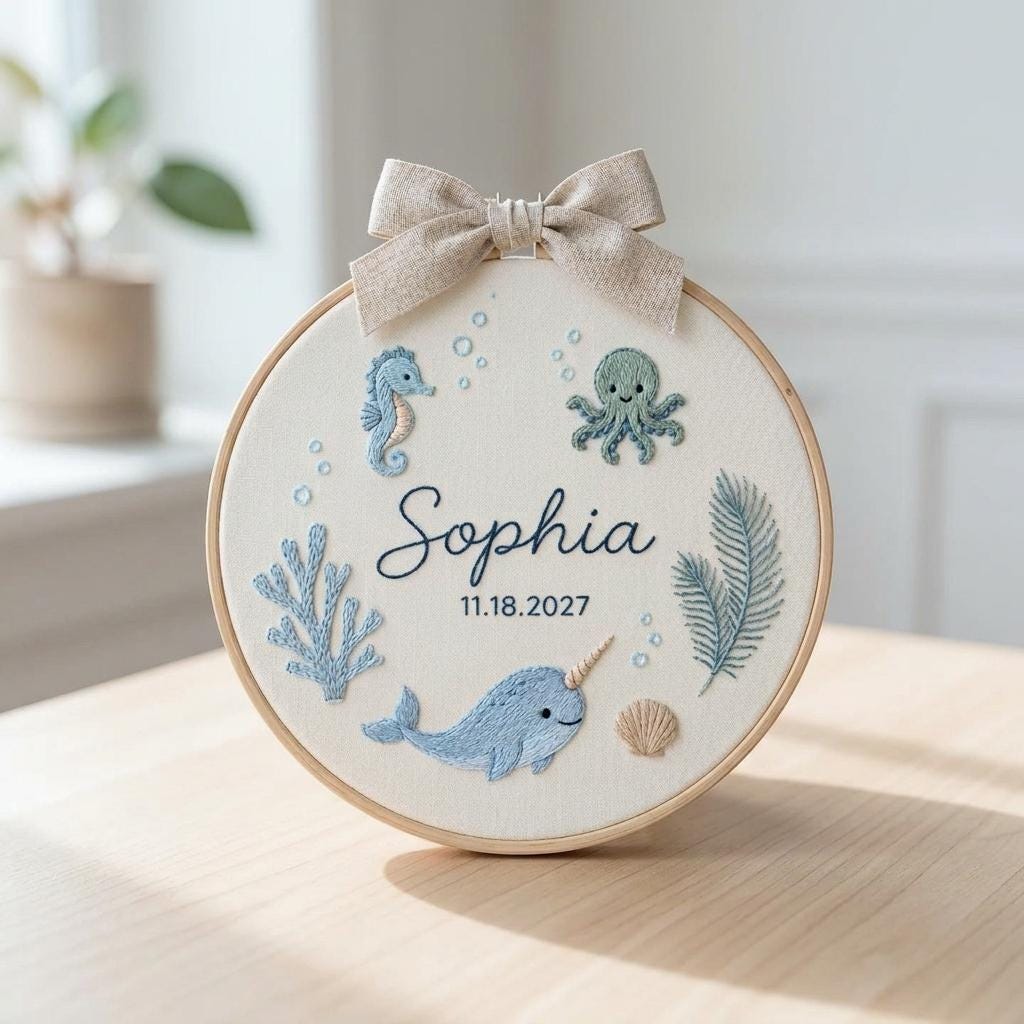 Personalized Ocean Embroidery Hoop, Baby Nursery Wall Decor, Marine Animal Baby Gift, Custom Sea Life Embroidered Hoop