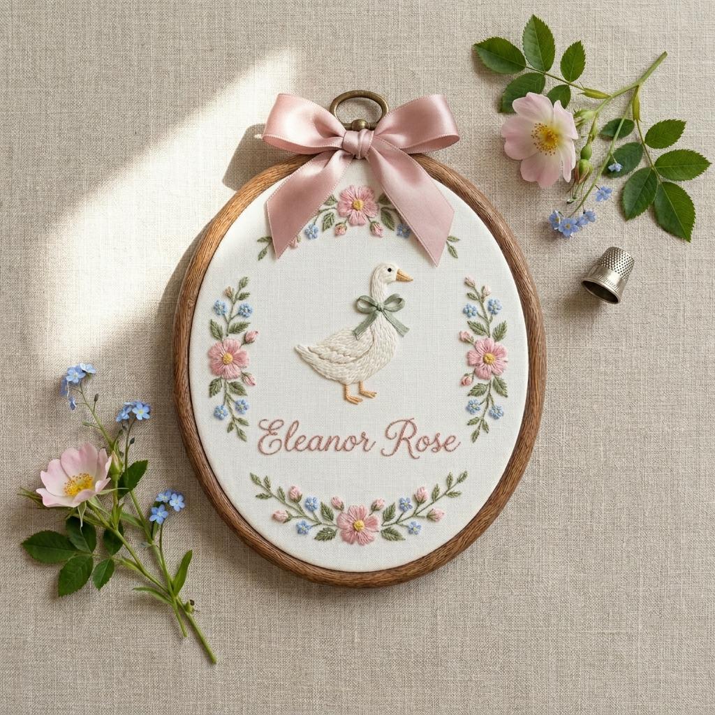 Embroidered Goose Name Hoop, Nursery Wall Decor, Baby Shower Keepsake