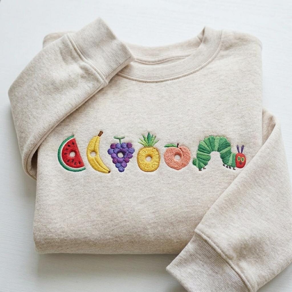 Embroidered Baby Sweatshirt Fruit Caterpillar, Eat The Rich Worm Pullover, Still Hungry Worm Crewneck