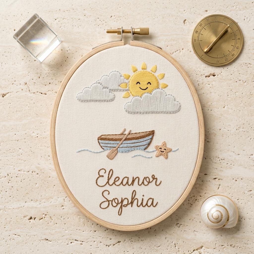 Personalized Coastal Baby Name Hoop, Custom Embroidered Nursery Hoop, Nautical Baby Shower Gift Decor