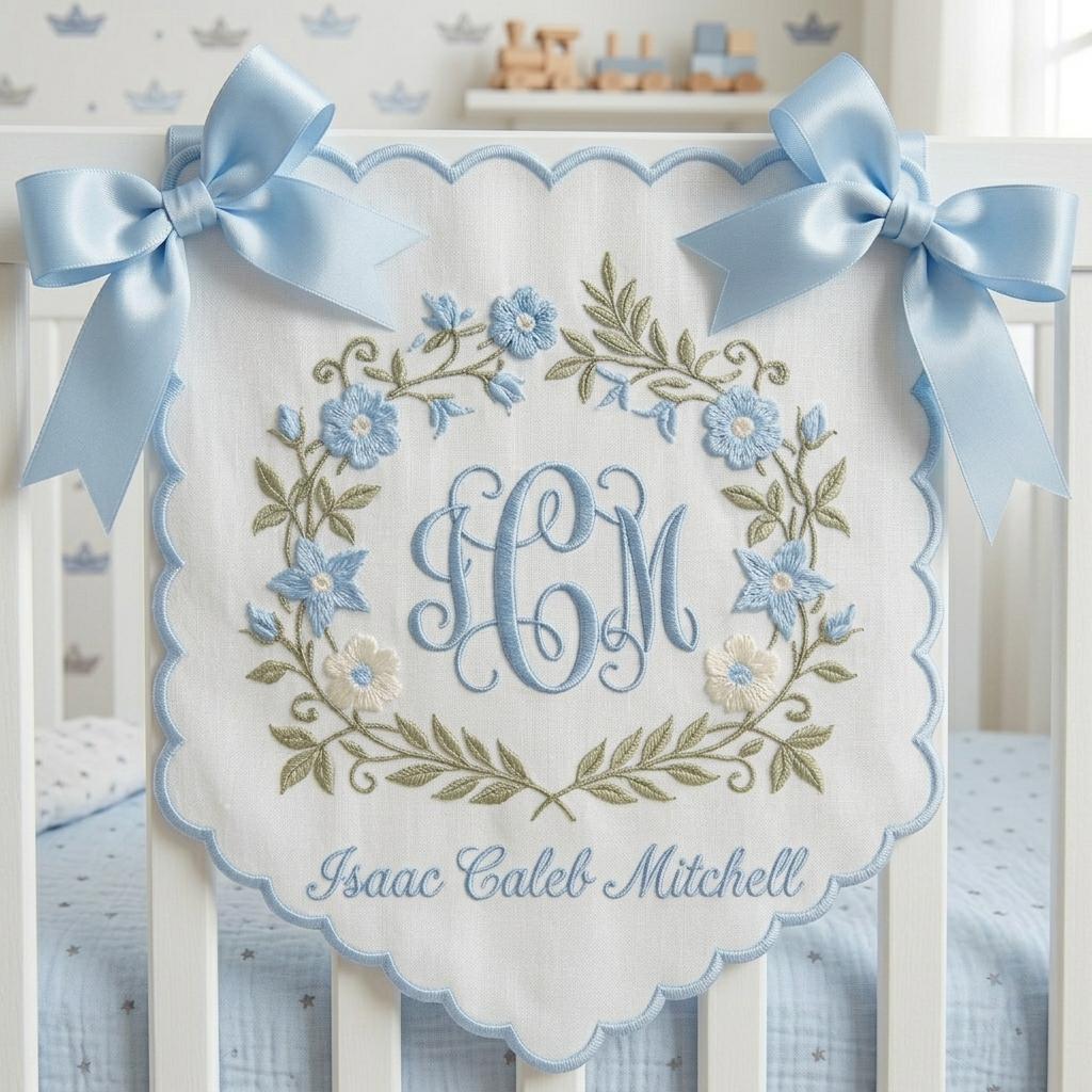Personalized Baby Name Embroidered Banner, Custom Monogram Nursery Banner, Baby Shower Gift, Gender Reveal Crib Decor