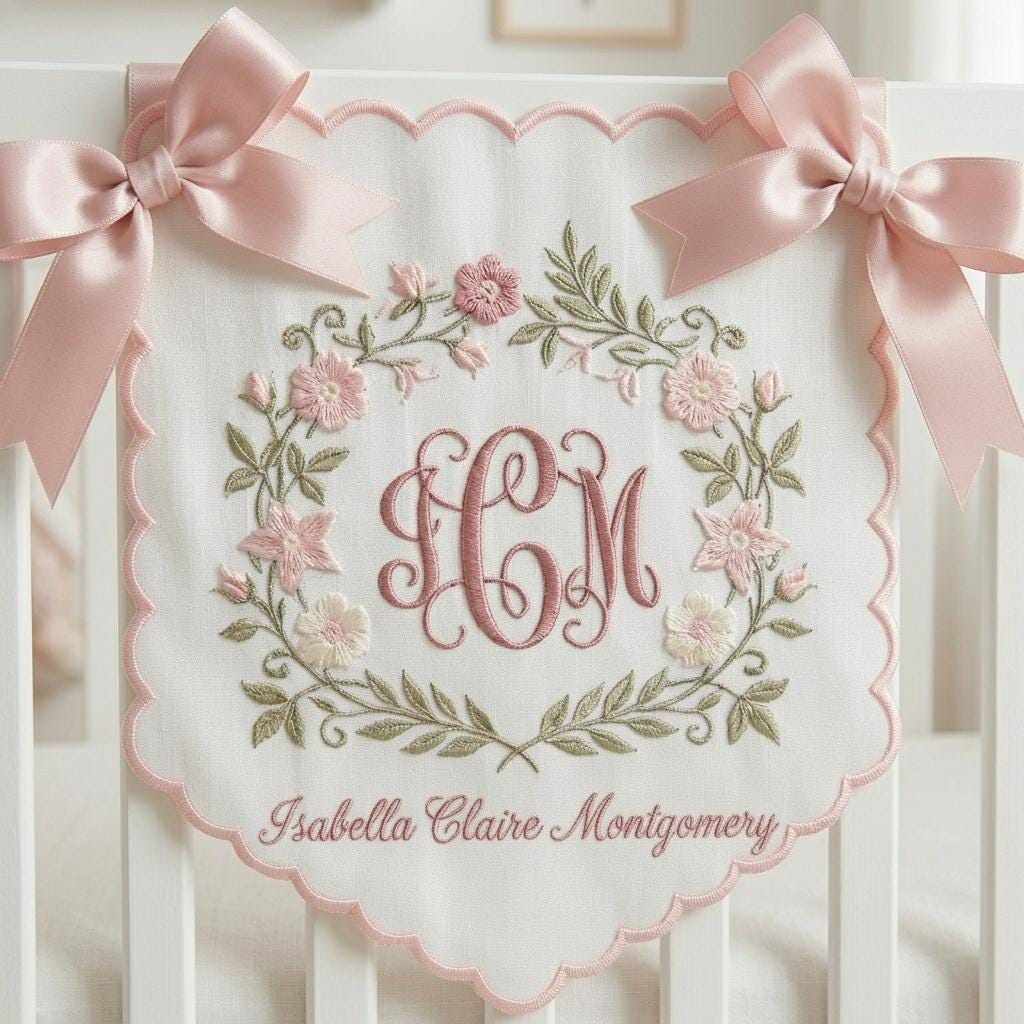 Personalized Baby Name Embroidered Banner, Custom Monogram Nursery Banner, Baby Shower Gift, Gender Reveal Crib Decor
