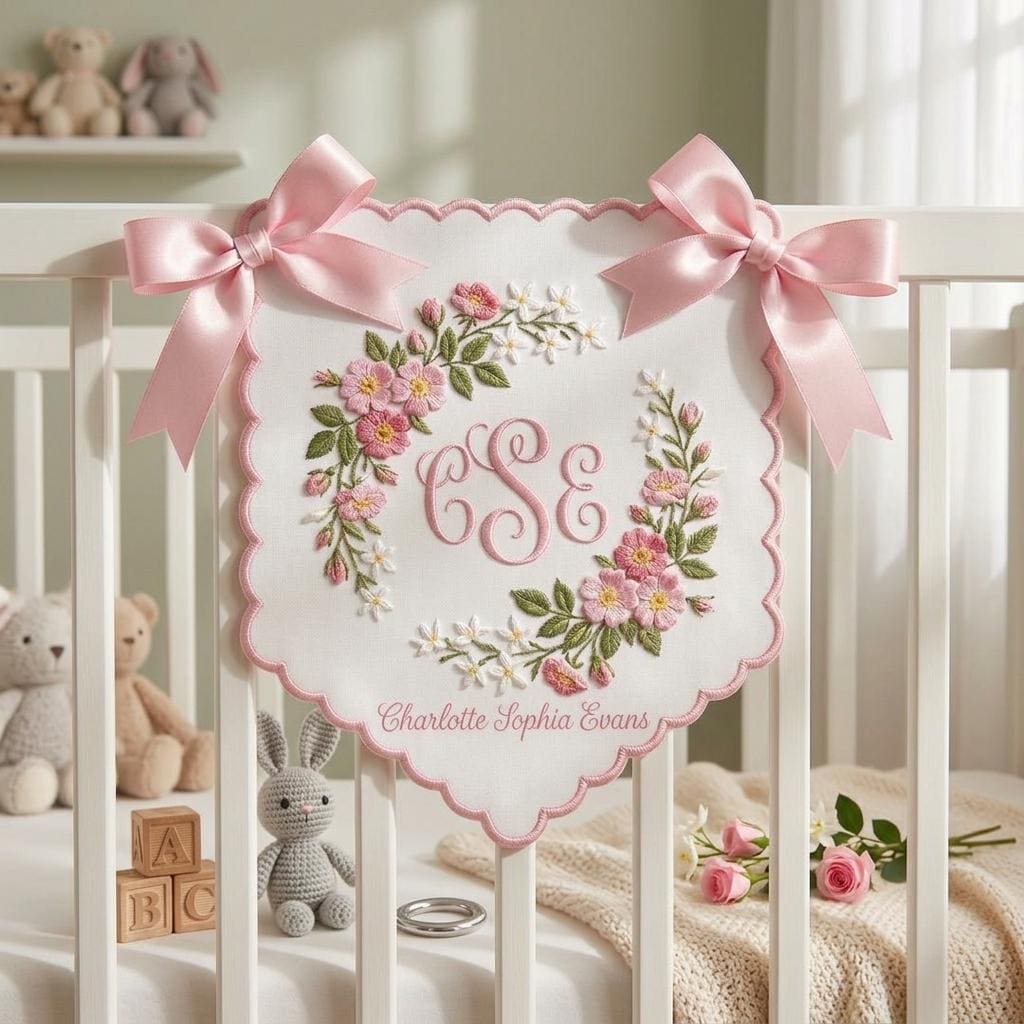 Personalized Baby Name Banner, Custom Monogram Nursery Banner, Baby Shower Gift, Embroidered Crib Banner Girl